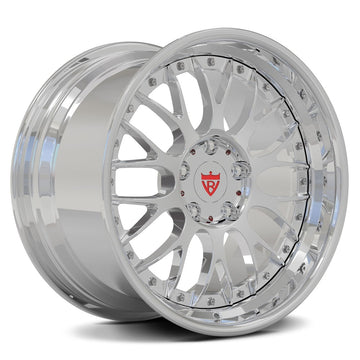 Custom 2 piece forged wheels, shiny chrome finish, designed for Porsche and luxury vehicles, showcasing deep dish style.